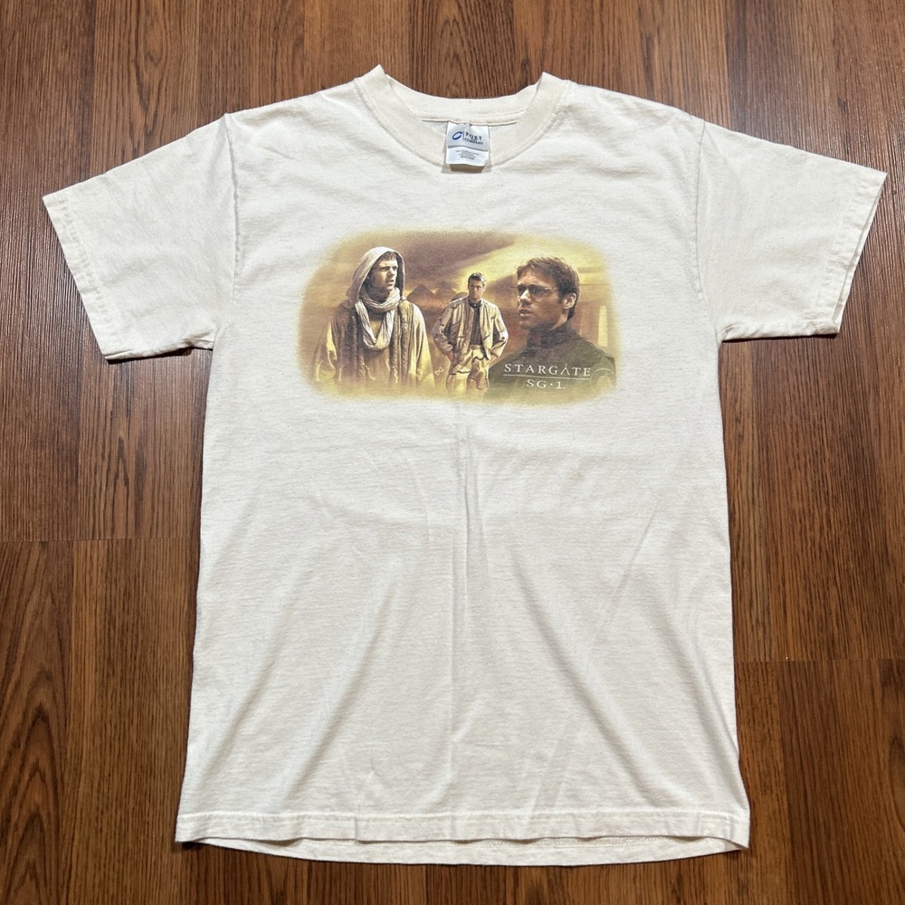 Vintage Stargate SG-1 Promo T Shirt Rare Size S Sci-fi Tv Show Cream Graphic